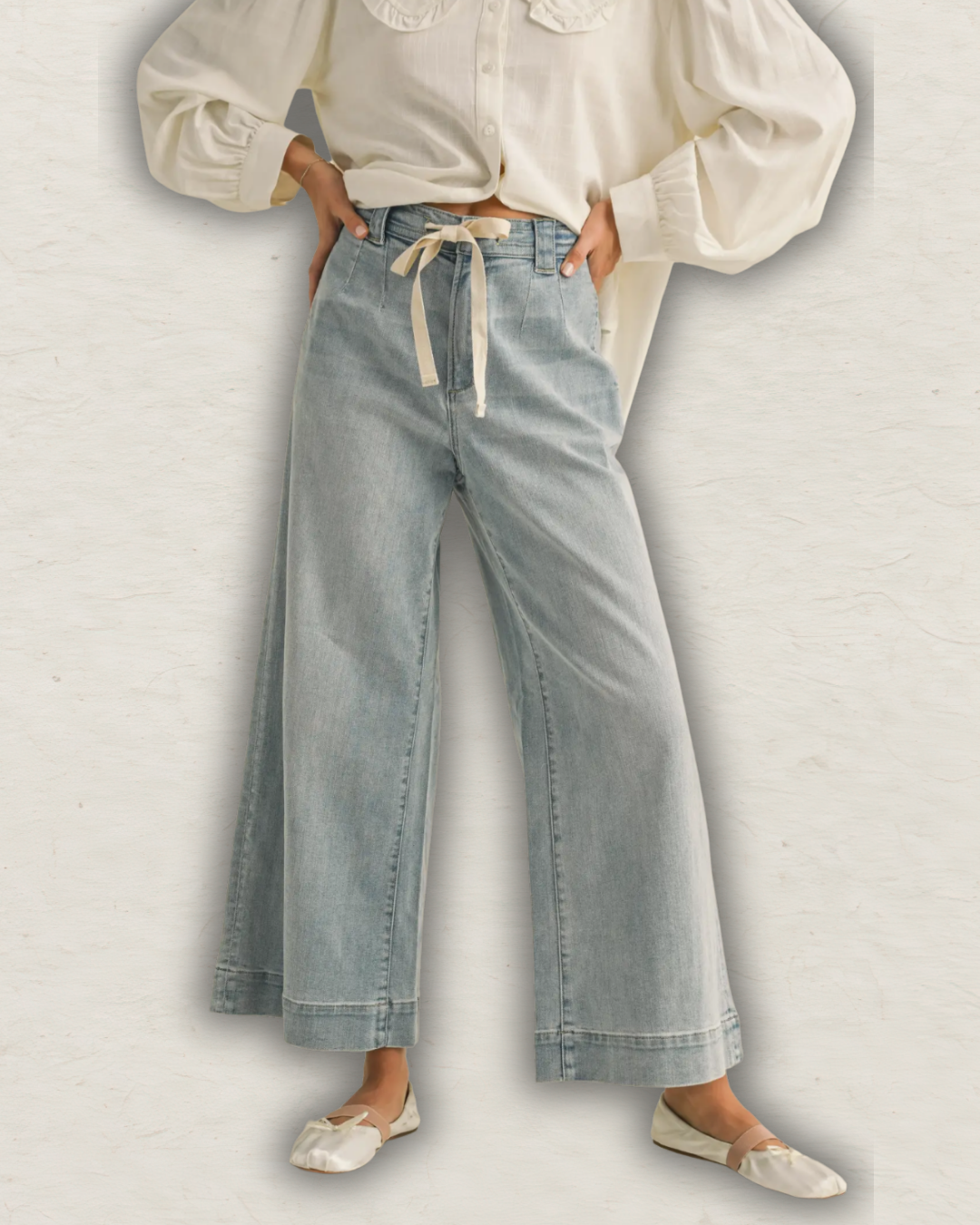 Washed Denim Tie Front Pants