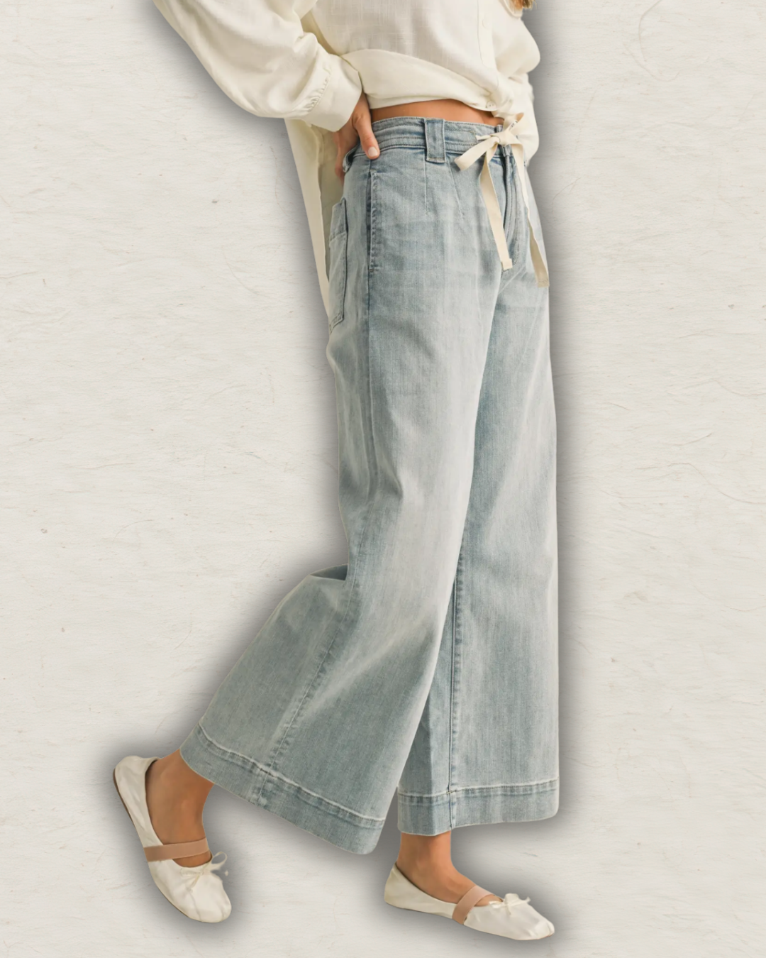 Washed Denim Tie Front Pants