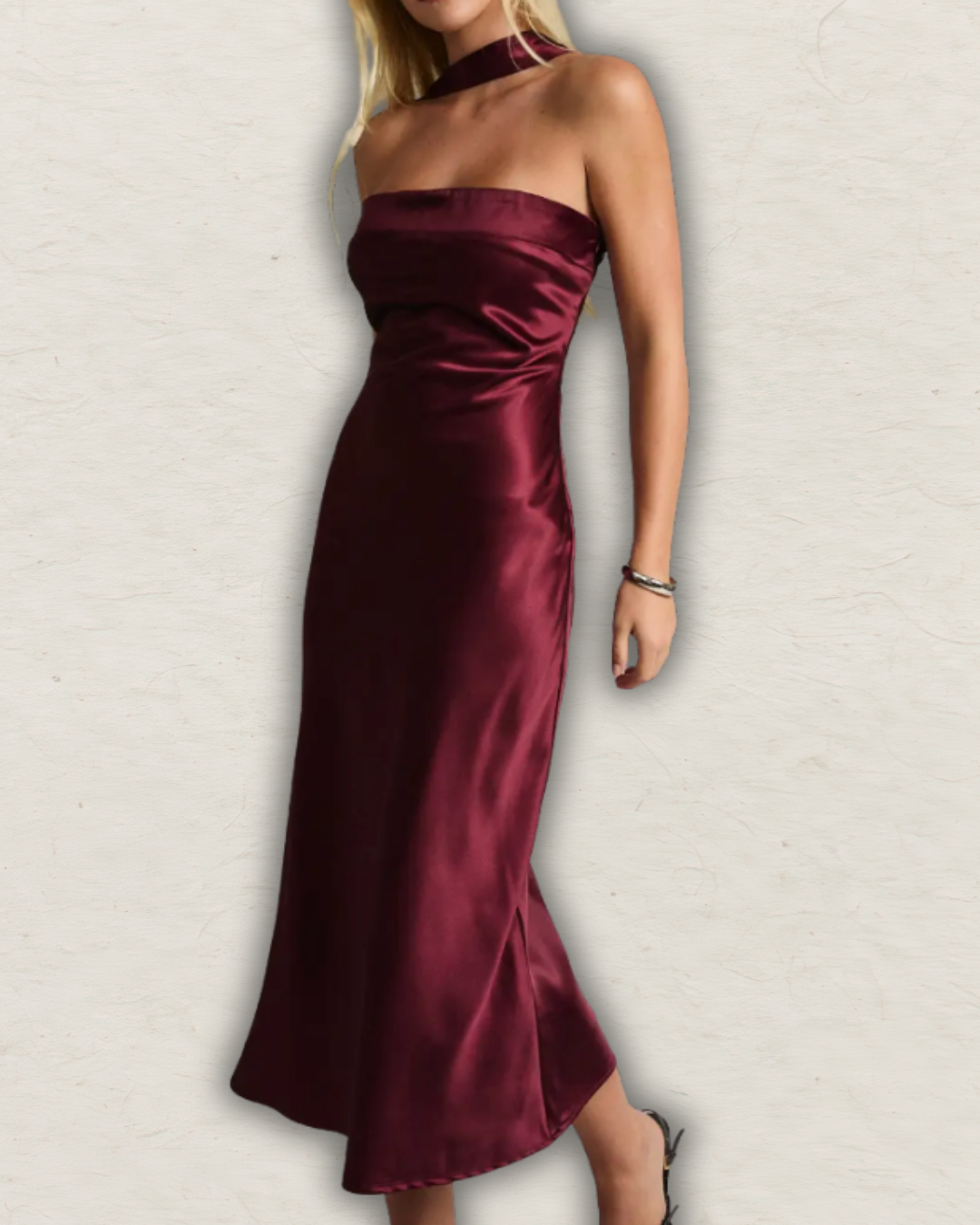 Strapless Scarf Detail Bias Satin Midi Dress