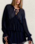 Long Sleeve V-Neck Babydoll Blouse with Flare Mini Skirt