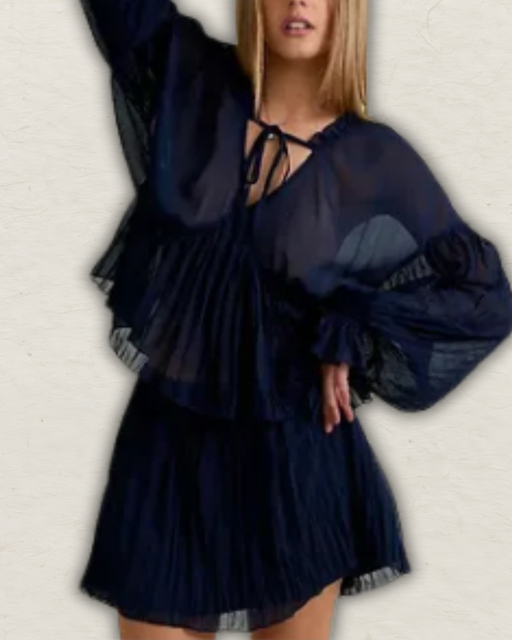 Long Sleeve V-Neck Babydoll Blouse with Flare Mini Skirt