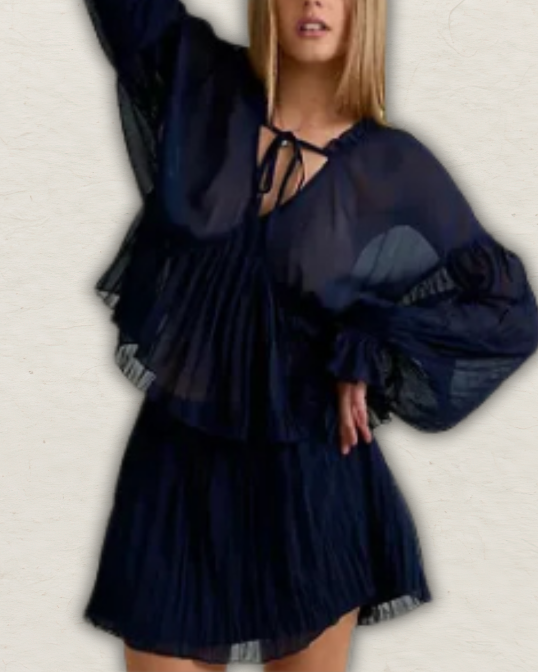 Long Sleeve V-Neck Babydoll Blouse with Flare Mini Skirt
