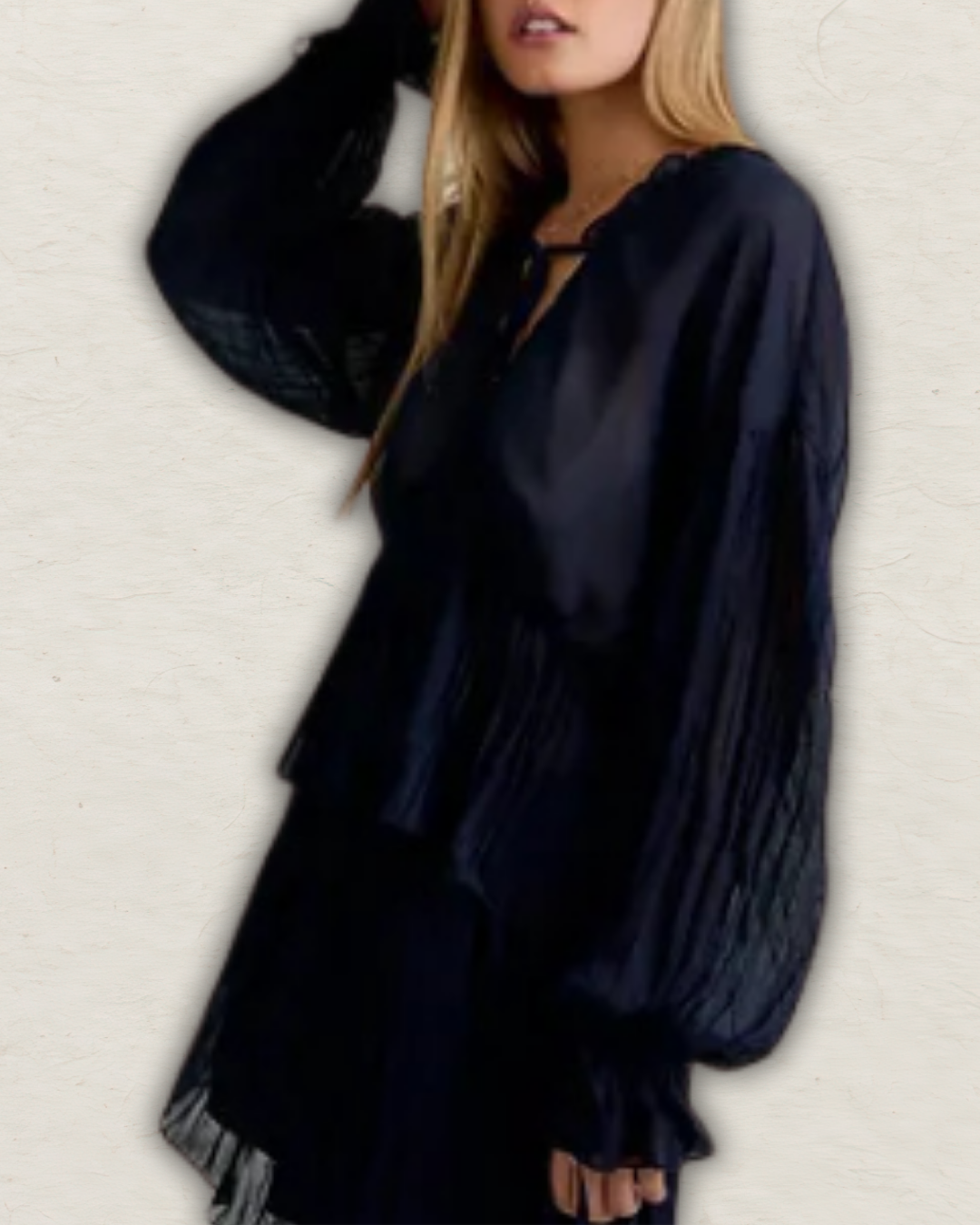 Long Sleeve V-Neck Babydoll Blouse with Flare Mini Skirt