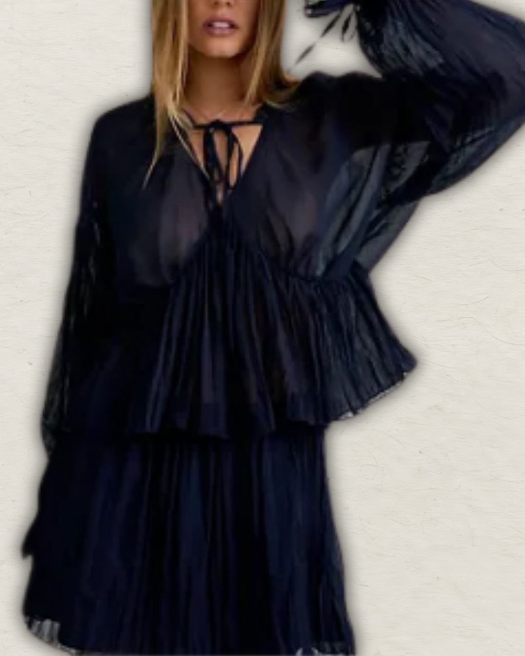 Long Sleeve V-Neck Babydoll Blouse with Flare Mini Skirt