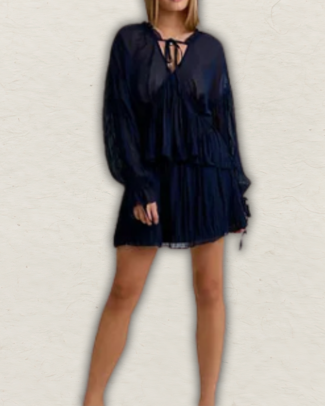 Long Sleeve V-Neck Babydoll Blouse with Flare Mini Skirt