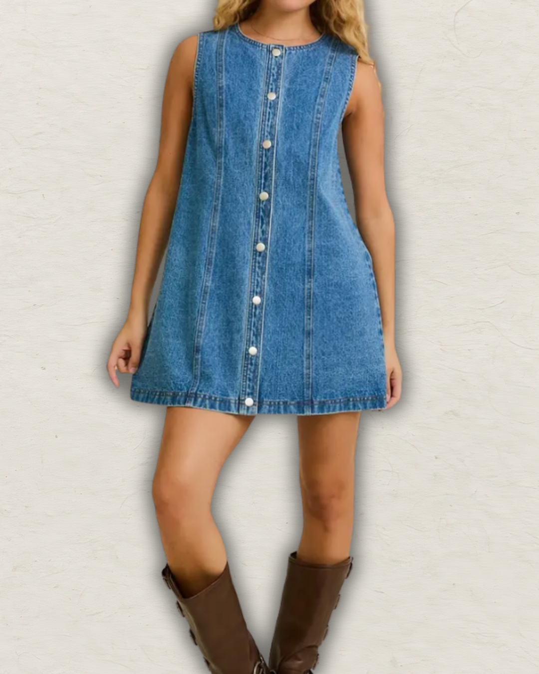 Sleeveless Round Neck Button Down Denim Mini Dress